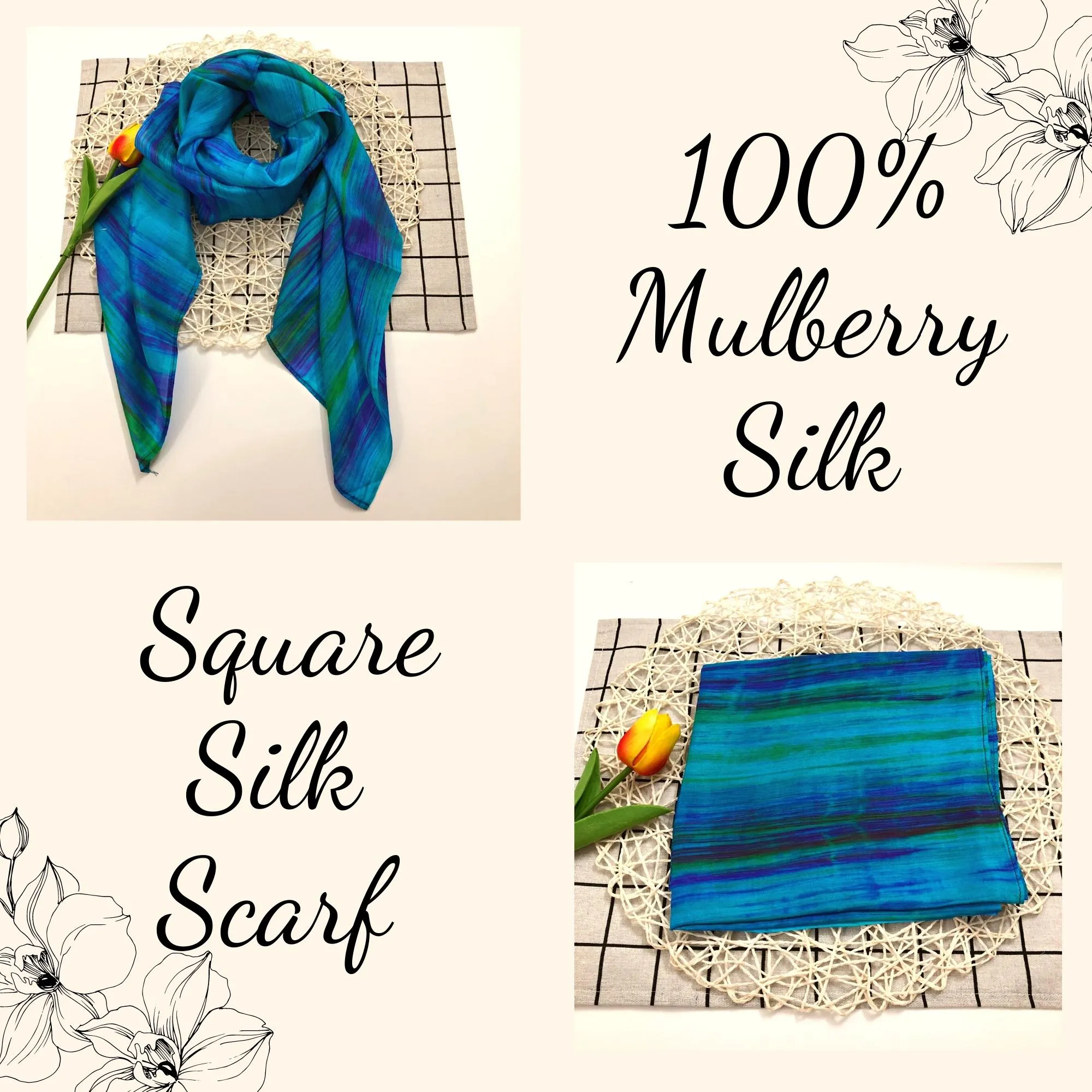 100% MULBERRY SILK SCARF - Pure mulberry silk - Blue Square Scarf - Women's Scarves - Handmade Silk Scarf - Gift for women