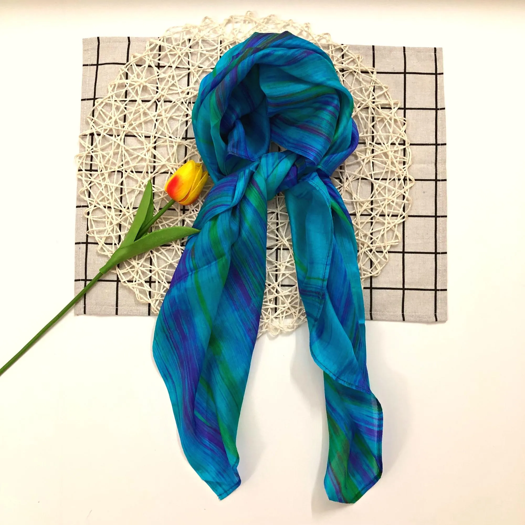 100% MULBERRY SILK SCARF - Pure mulberry silk - Blue Square Scarf - Women's Scarves - Handmade Silk Scarf - Gift for women