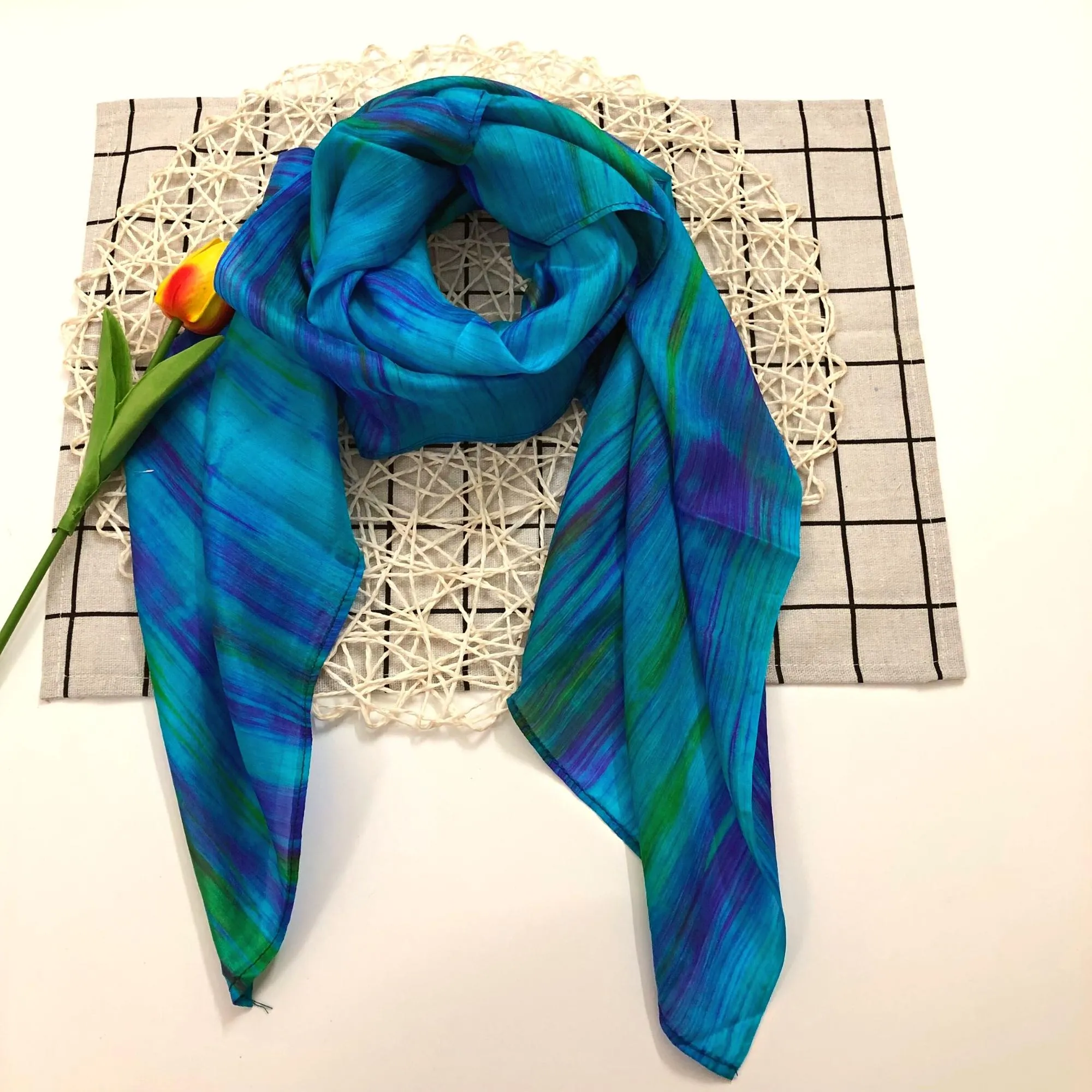 100% MULBERRY SILK SCARF - Pure mulberry silk - Blue Square Scarf - Women's Scarves - Handmade Silk Scarf - Gift for women