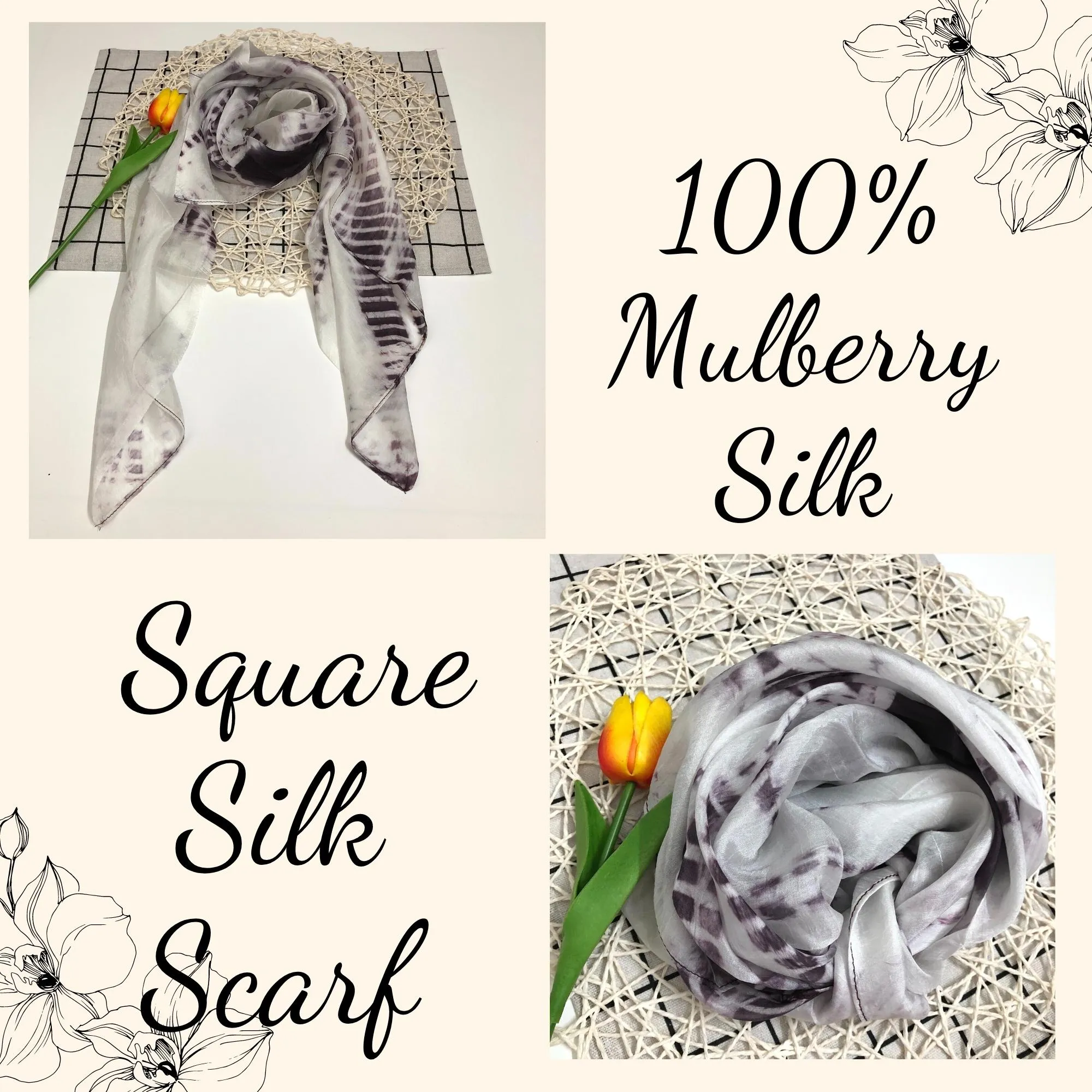 100% MULBERRY SILK SCARF - Pure mulberry silk - Square Scarf - Women's Scarves - Handmade Silk Scarves - Luxury Scarf - Gift for her