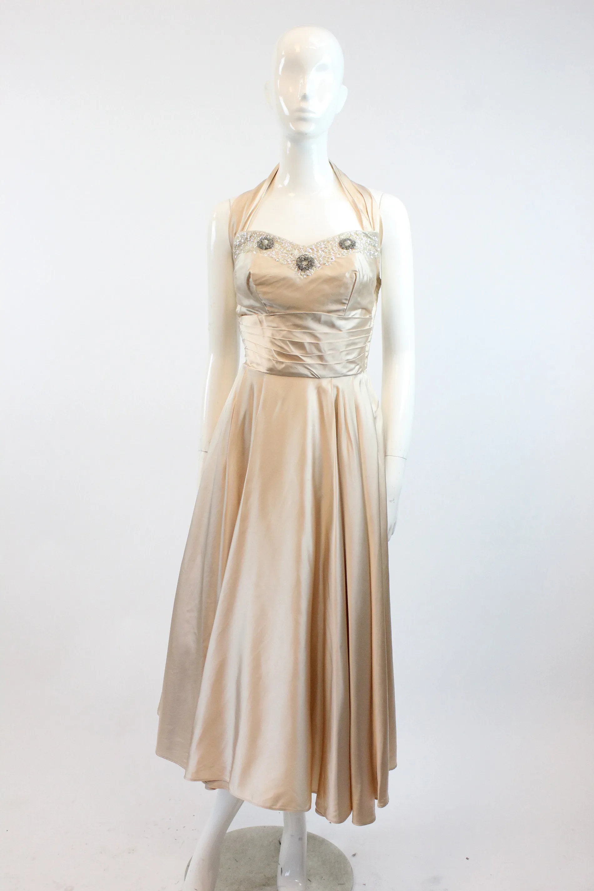 1950s nude satin beaded sequin halter dress xs | new winter