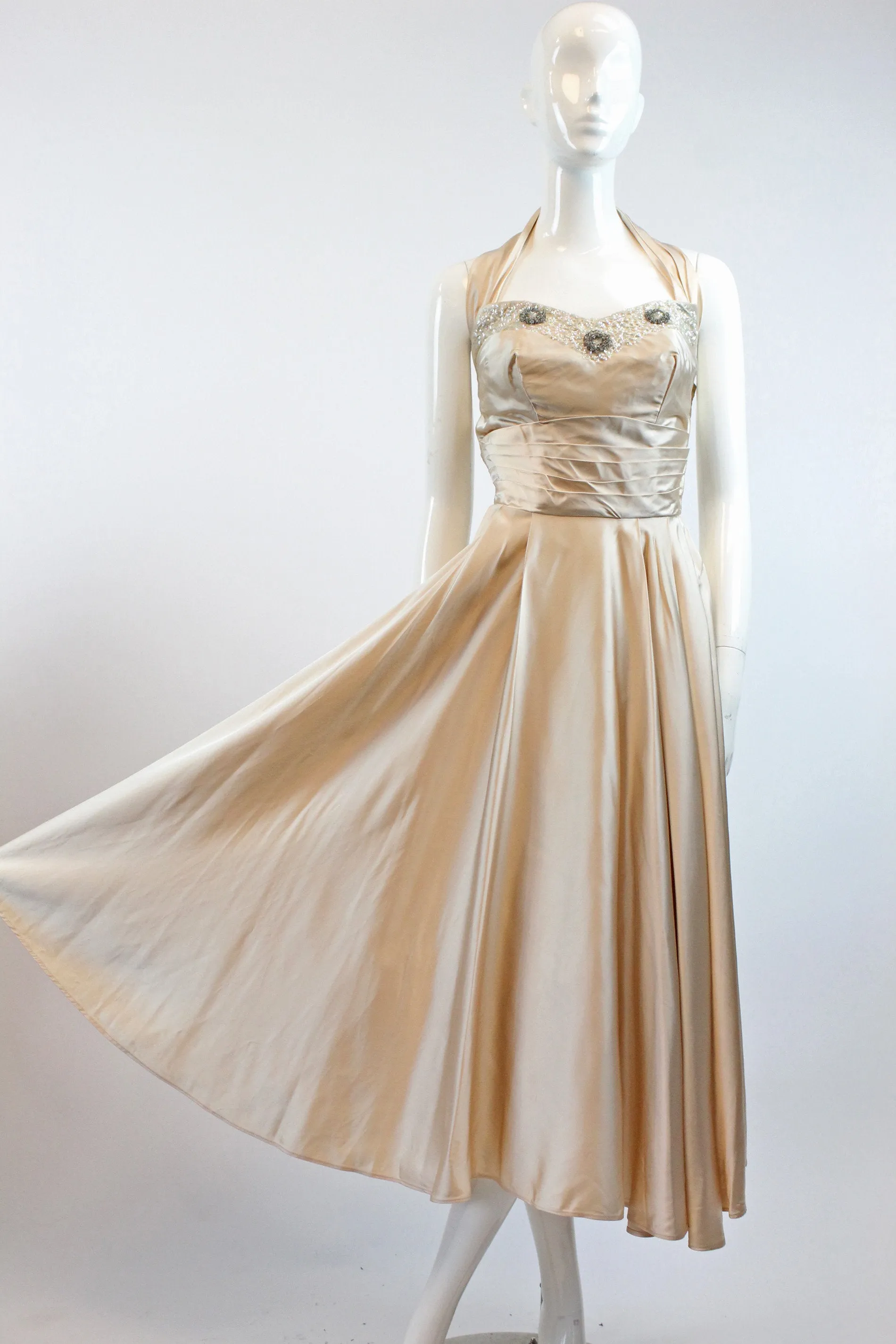 1950s nude satin beaded sequin halter dress xs | new winter