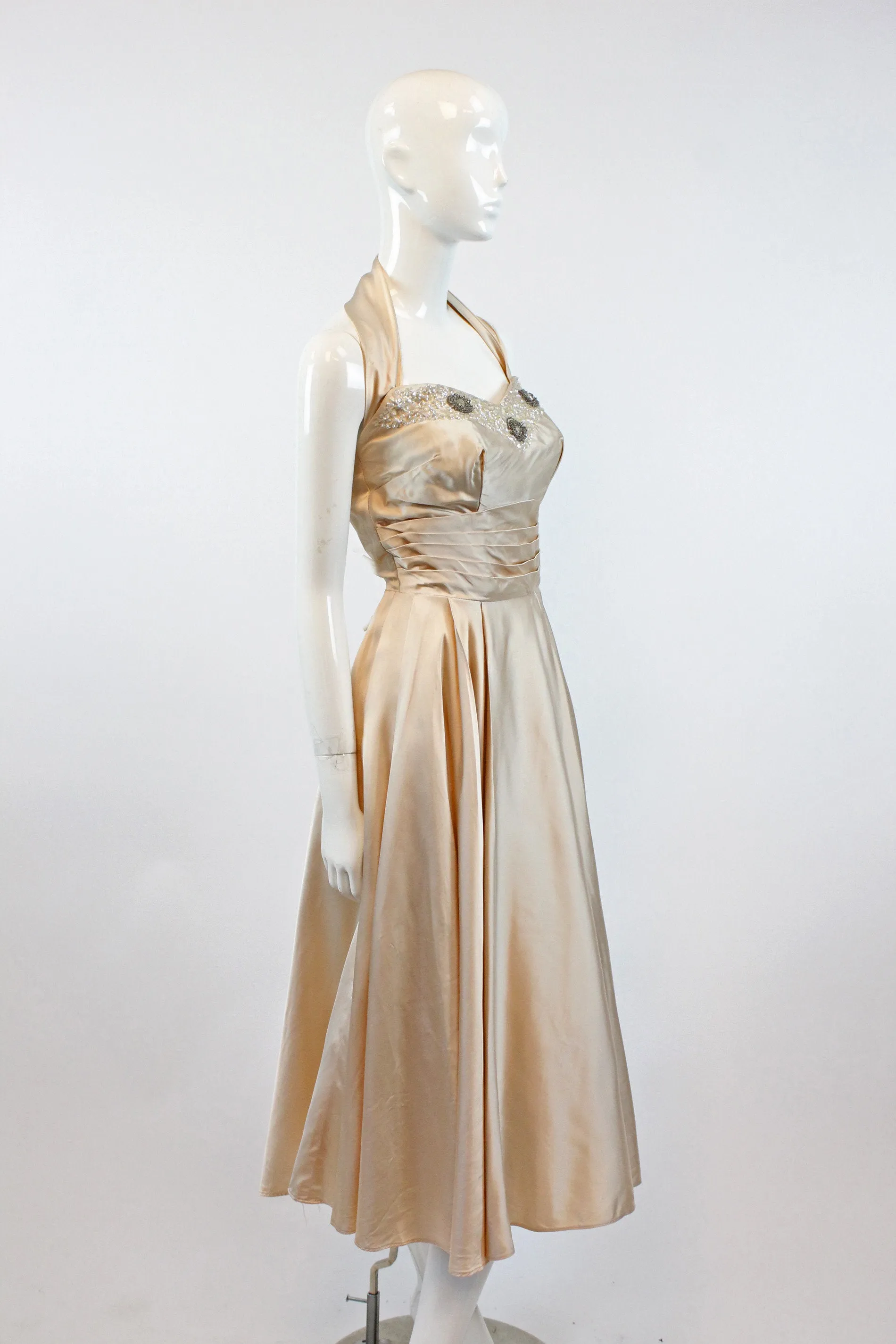 1950s nude satin beaded sequin halter dress xs | new winter