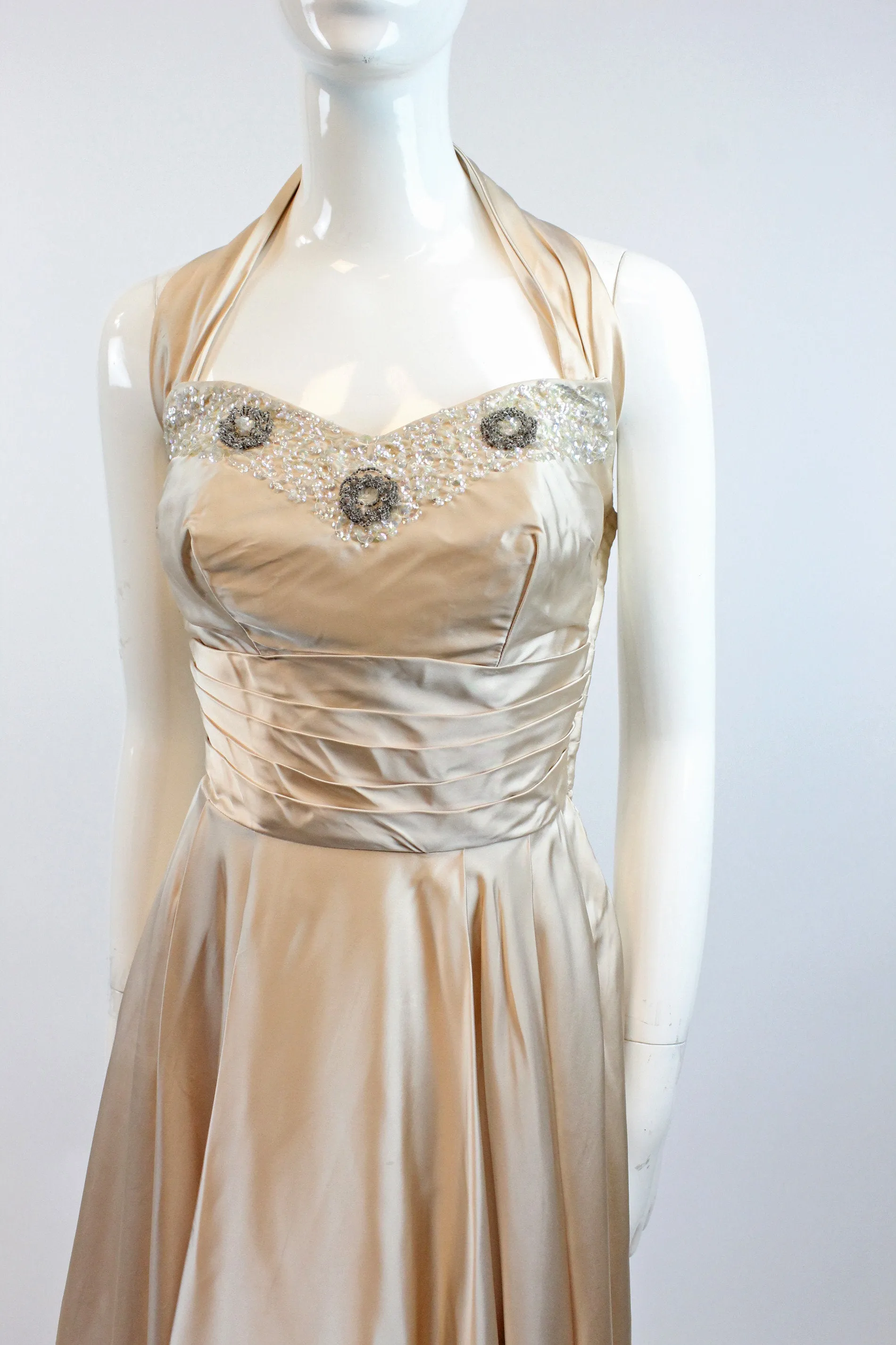 1950s nude satin beaded sequin halter dress xs | new winter