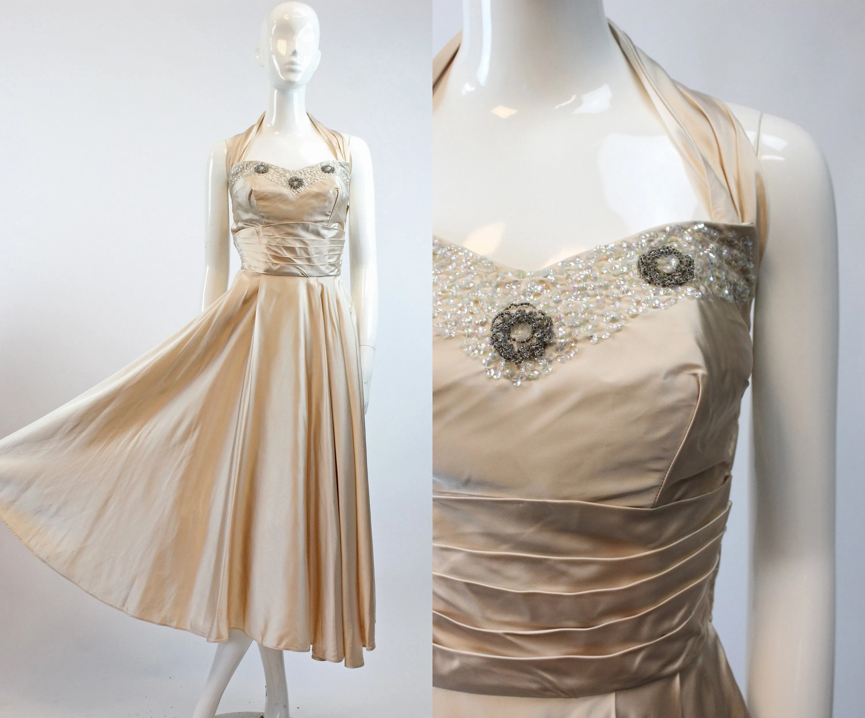 1950s nude satin beaded sequin halter dress xs | new winter