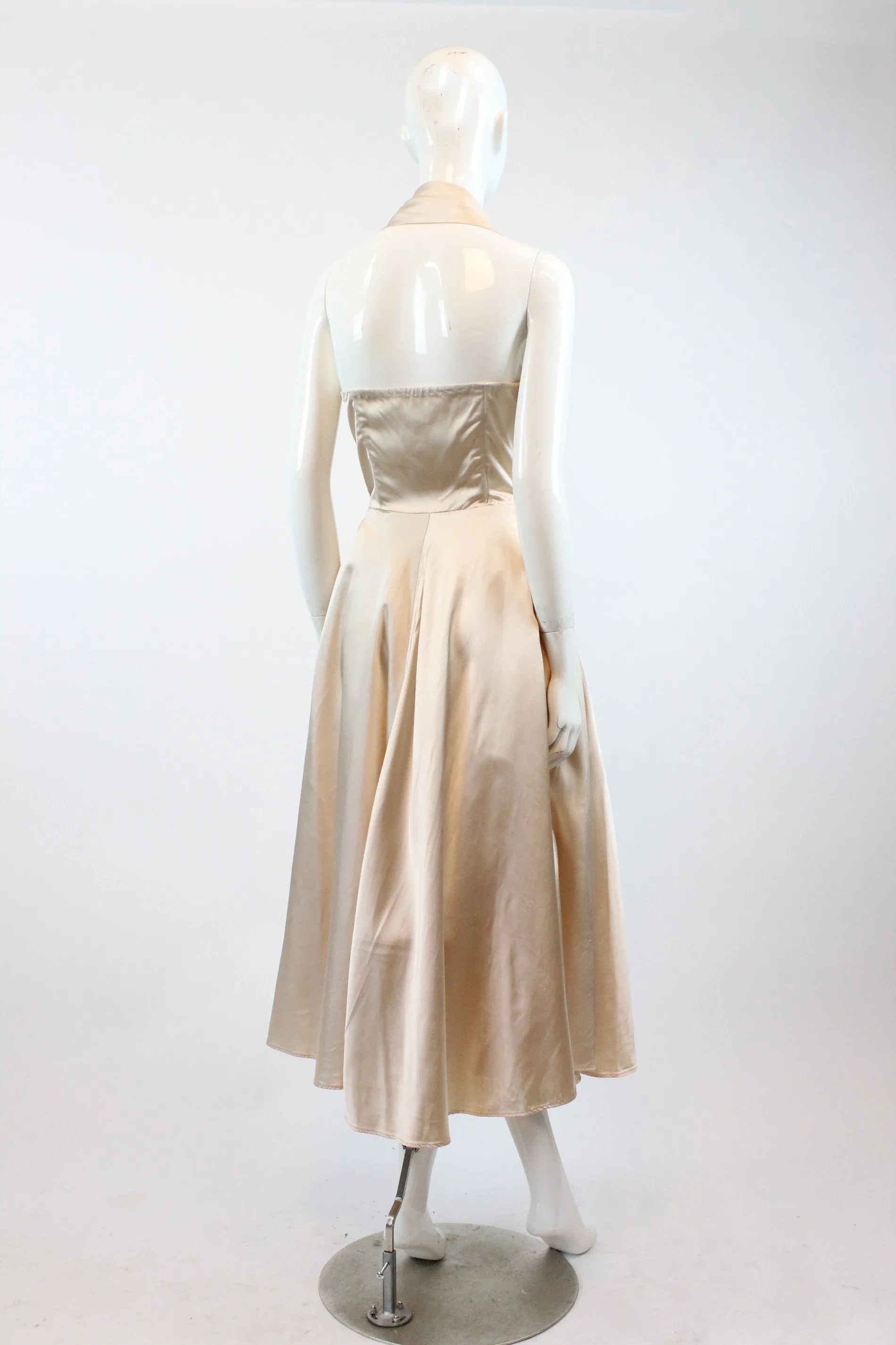 1950s nude satin beaded sequin halter dress xs | new winter