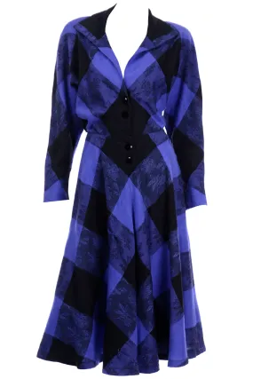 1980s Norma Walters Blue & Black Plaid Wool Vintage Dress