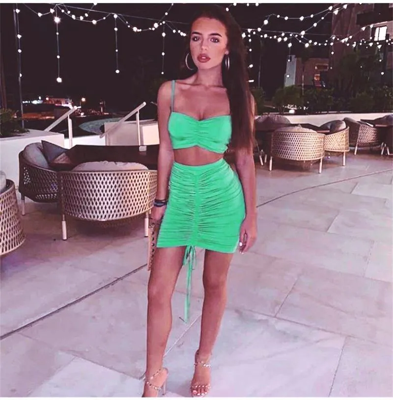 2 Piece Set Women Green Summer Outfits Ruched Tight Sexy Two Piece Set Crop Top And Skirt Set Club Wear Matching Sets