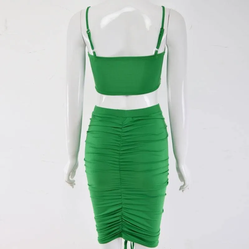 2 Piece Set Women Green Summer Outfits Ruched Tight Sexy Two Piece Set Crop Top And Skirt Set Club Wear Matching Sets