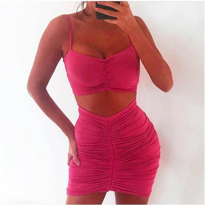 2 Piece Set Women Green Summer Outfits Ruched Tight Sexy Two Piece Set Crop Top And Skirt Set Club Wear Matching Sets