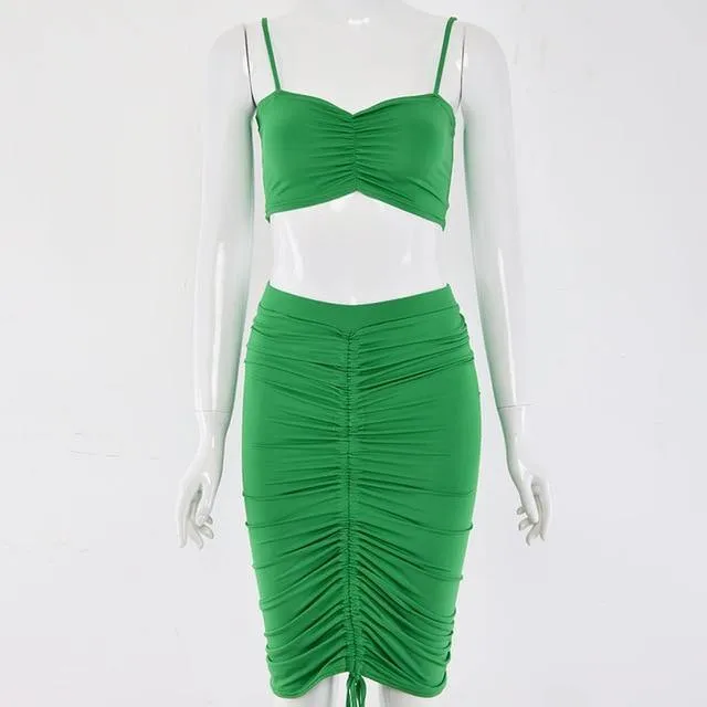 2 Piece Set Women Green Summer Outfits Ruched Tight Sexy Two Piece Set Crop Top And Skirt Set Club Wear Matching Sets