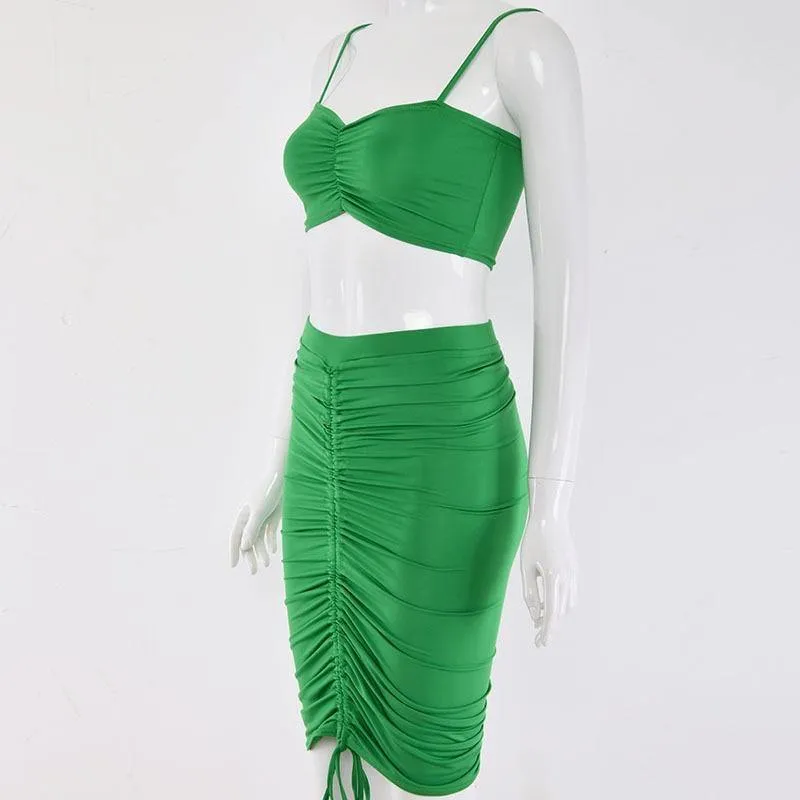 2 Piece Set Women Green Summer Outfits Ruched Tight Sexy Two Piece Set Crop Top And Skirt Set Club Wear Matching Sets