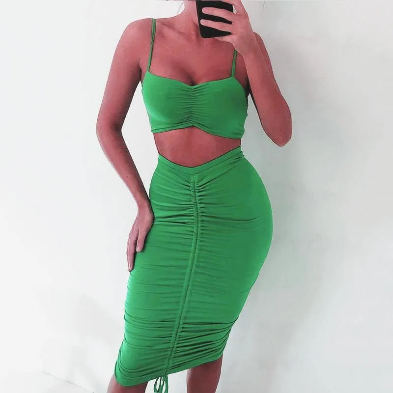 2 Piece Set Women Green Summer Outfits Ruched Tight Sexy Two Piece Set Crop Top And Skirt Set Club Wear Matching Sets