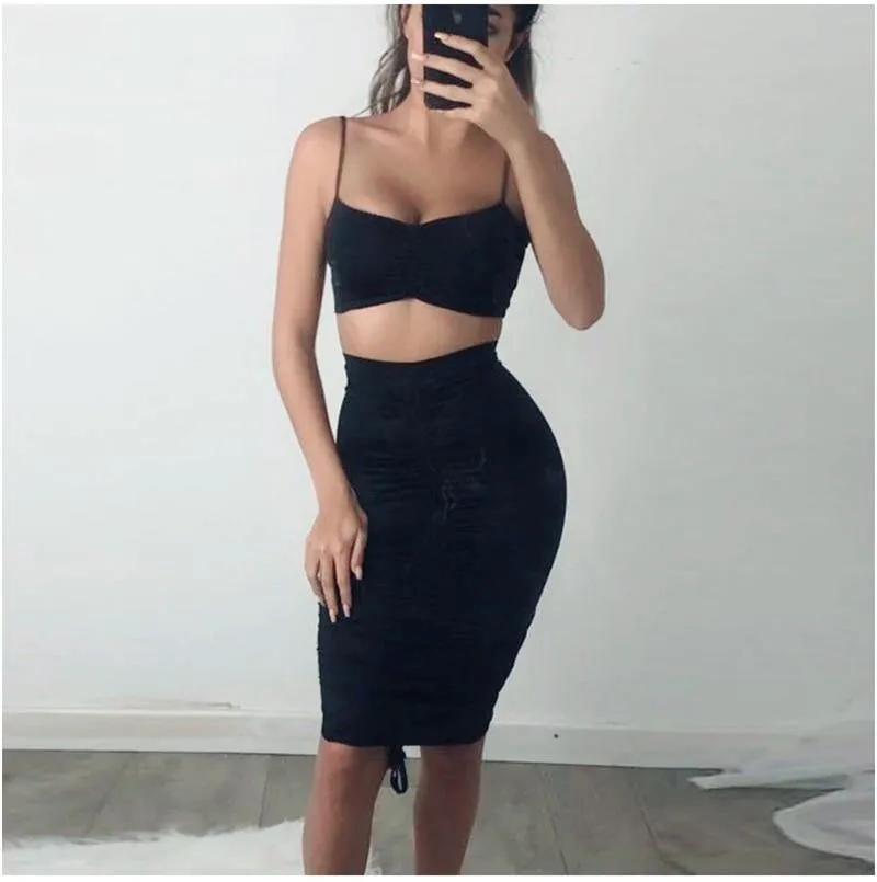 2 Piece Set Women Green Summer Outfits Ruched Tight Sexy Two Piece Set Crop Top And Skirt Set Club Wear Matching Sets