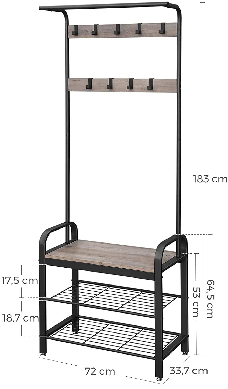 9-Hook Freestanding Coat Rack with Bench and Shoe Rack, 183 cm