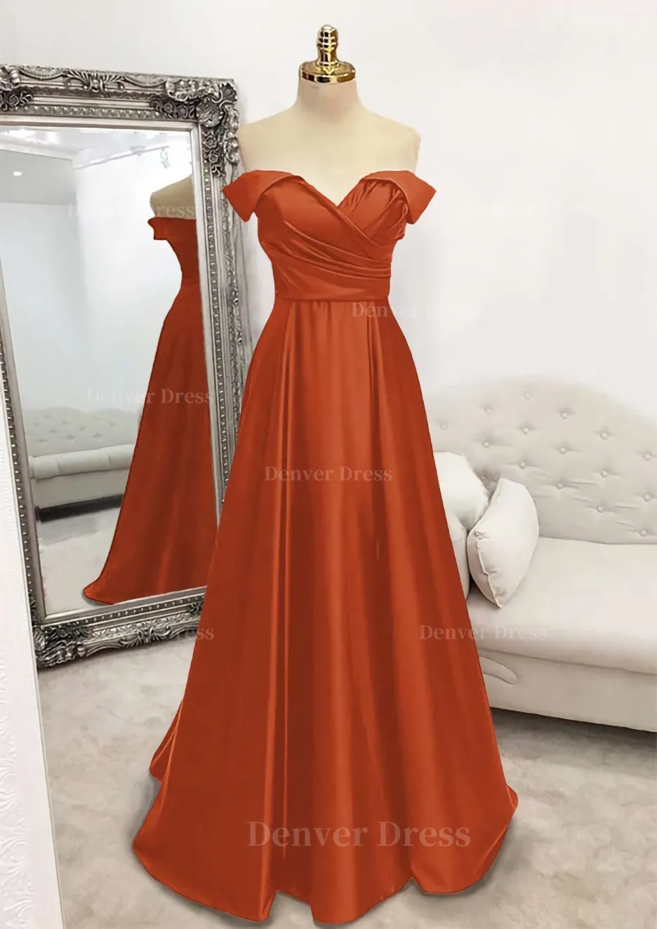 A-line Off-the-Shoulder Sleeveless Long/Floor-Length Satin Prom Dress With Pleated