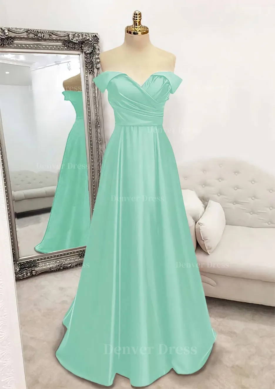 A-line Off-the-Shoulder Sleeveless Long/Floor-Length Satin Prom Dress With Pleated