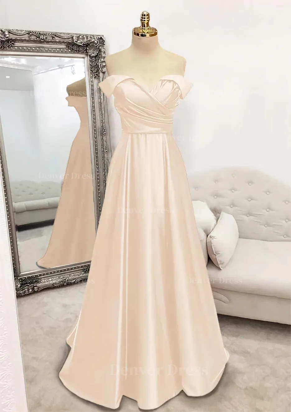 A-line Off-the-Shoulder Sleeveless Long/Floor-Length Satin Prom Dress With Pleated