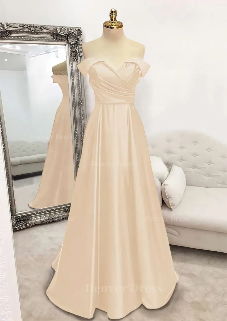 A-line Off-the-Shoulder Sleeveless Long/Floor-Length Satin Prom Dress With Pleated