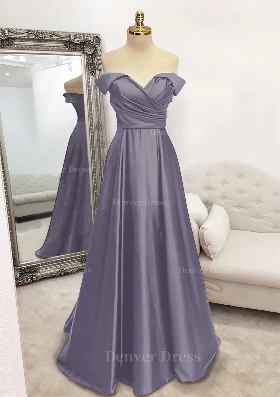 A-line Off-the-Shoulder Sleeveless Long/Floor-Length Satin Prom Dress With Pleated