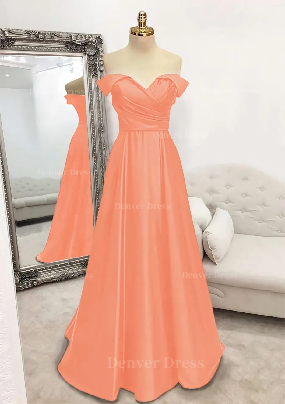 A-line Off-the-Shoulder Sleeveless Long/Floor-Length Satin Prom Dress With Pleated