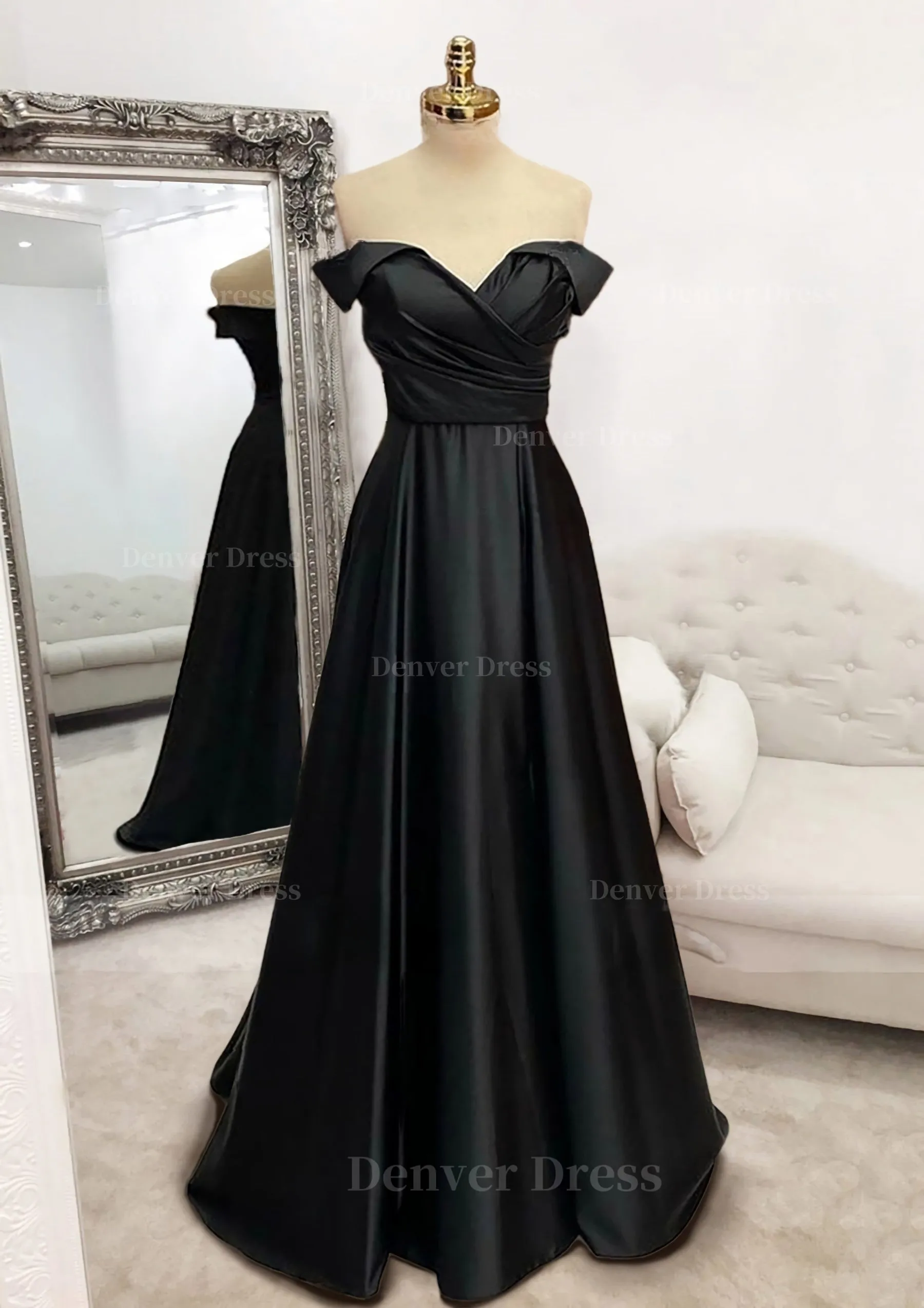 A-line Off-the-Shoulder Sleeveless Long/Floor-Length Satin Prom Dress With Pleated