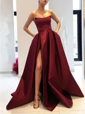 A Line Strapless High Slit Burgundy/Pink/Black Prom, High Slit Formal, Graduation