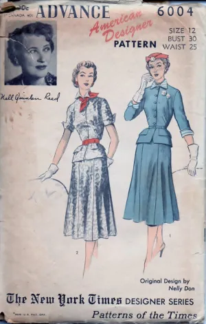 Advance 6004 Ladies Suit Dress Skirt Peplum Jacket  American Designer Vintage 50's Sewing Pattern