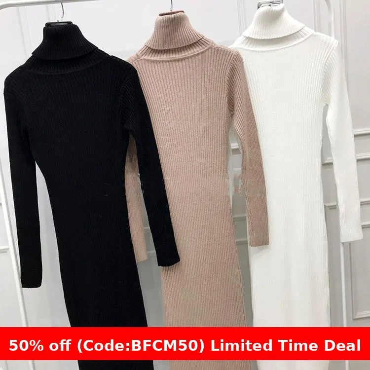 Amozae business casual outfits Turtleneck Knitted Dress Autumn and Winter Inner Slim-Fit Belt over-the-Knee Bottoming Sheath One-Step Skirt Casual Women's Clothing