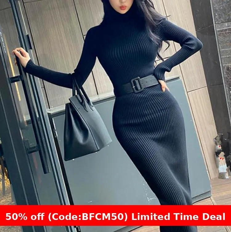 Amozae business casual outfits Turtleneck Knitted Dress Autumn and Winter Inner Slim-Fit Belt over-the-Knee Bottoming Sheath One-Step Skirt Casual Women's Clothing