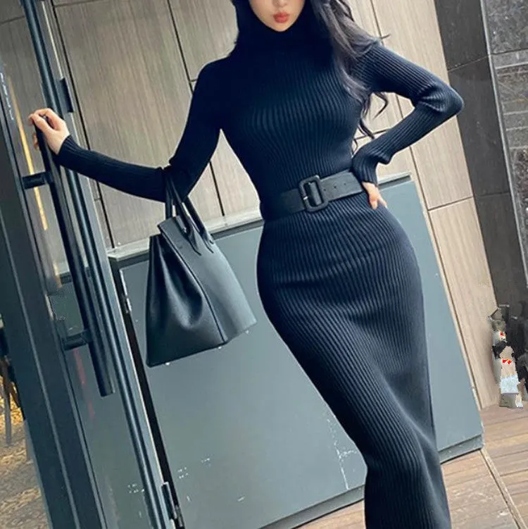 Amozae business casual outfits Turtleneck Knitted Dress Autumn and Winter Inner Slim-Fit Belt over-the-Knee Bottoming Sheath One-Step Skirt Casual Women's Clothing