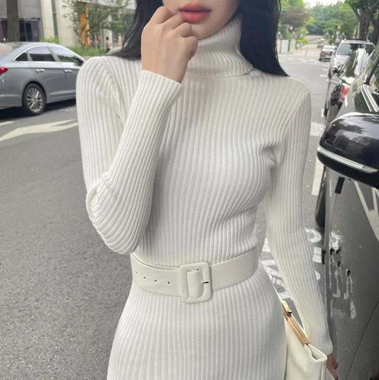 Amozae business casual outfits Turtleneck Knitted Dress Autumn and Winter Inner Slim-Fit Belt over-the-Knee Bottoming Sheath One-Step Skirt Casual Women's Clothing