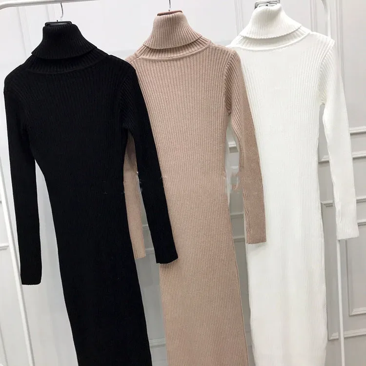 Amozae business casual outfits Turtleneck Knitted Dress Autumn and Winter Inner Slim-Fit Belt over-the-Knee Bottoming Sheath One-Step Skirt Casual Women's Clothing