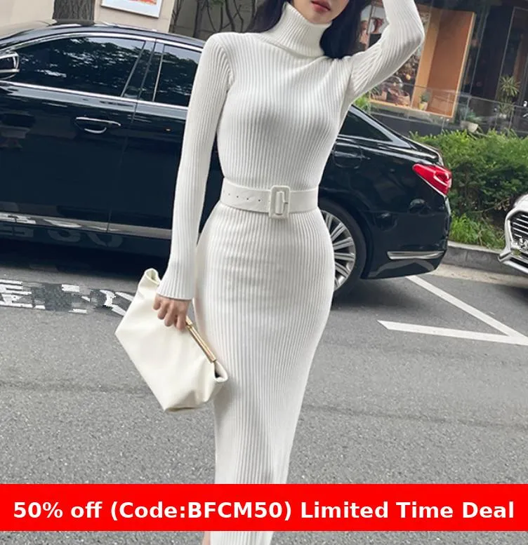 Amozae business casual outfits Turtleneck Knitted Dress Autumn and Winter Inner Slim-Fit Belt over-the-Knee Bottoming Sheath One-Step Skirt Casual Women's Clothing