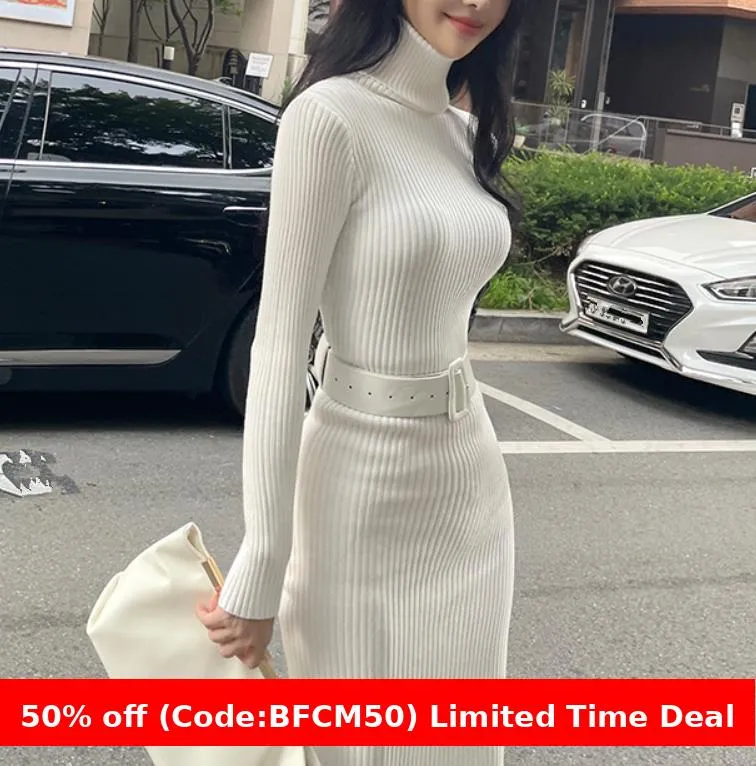 Amozae business casual outfits Turtleneck Knitted Dress Autumn and Winter Inner Slim-Fit Belt over-the-Knee Bottoming Sheath One-Step Skirt Casual Women's Clothing