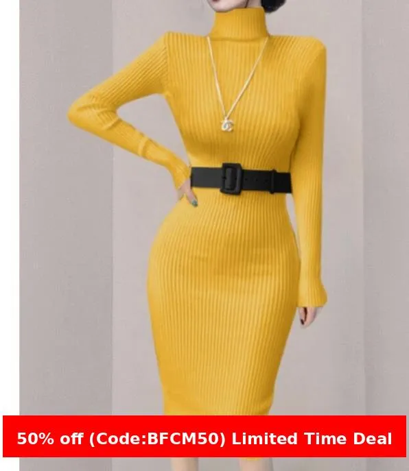 Amozae business casual outfits Turtleneck Knitted Dress Autumn and Winter Inner Slim-Fit Belt over-the-Knee Bottoming Sheath One-Step Skirt Casual Women's Clothing