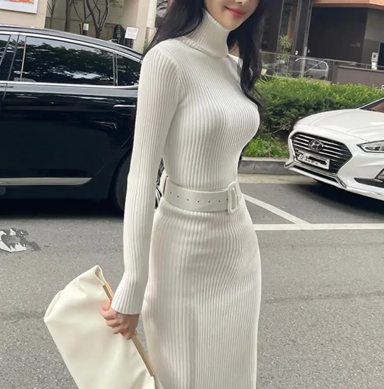 Amozae business casual outfits Turtleneck Knitted Dress Autumn and Winter Inner Slim-Fit Belt over-the-Knee Bottoming Sheath One-Step Skirt Casual Women's Clothing