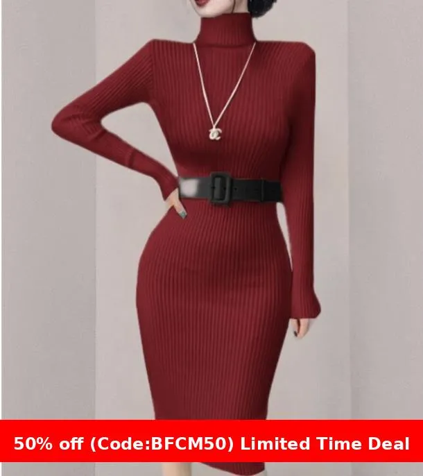 Amozae business casual outfits Turtleneck Knitted Dress Autumn and Winter Inner Slim-Fit Belt over-the-Knee Bottoming Sheath One-Step Skirt Casual Women's Clothing