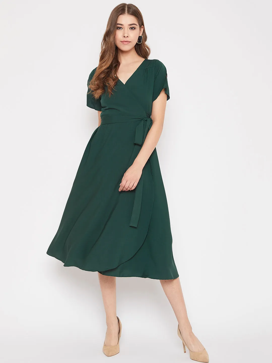 Berrylush Women Solid Green V-Neck Flared Wrap A-Line Midi Dress