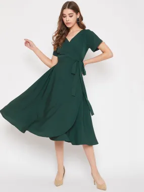 Berrylush Women Solid Green V-Neck Flared Wrap A-Line Midi Dress