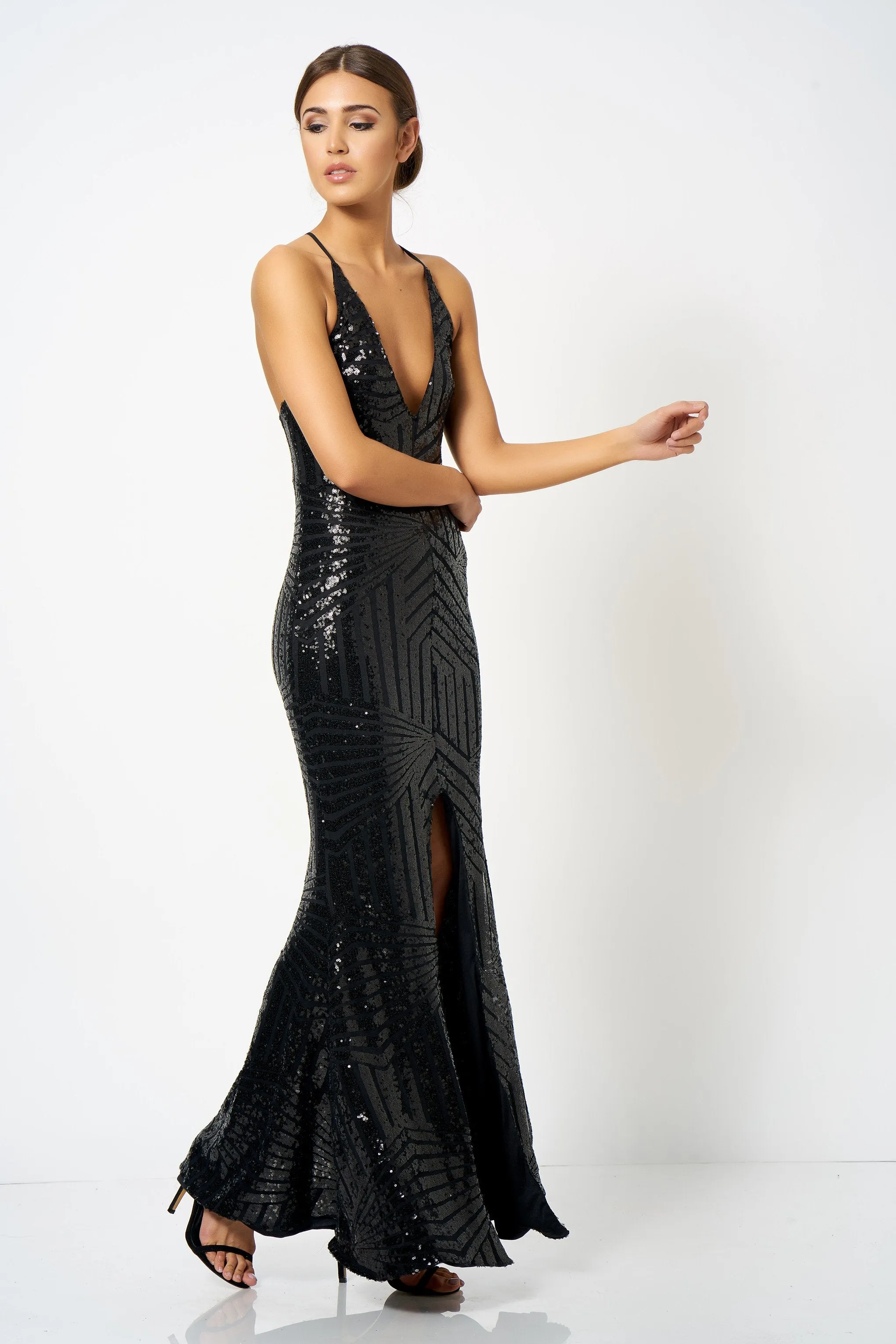 Black Geo Sequin Split Maxi Dress