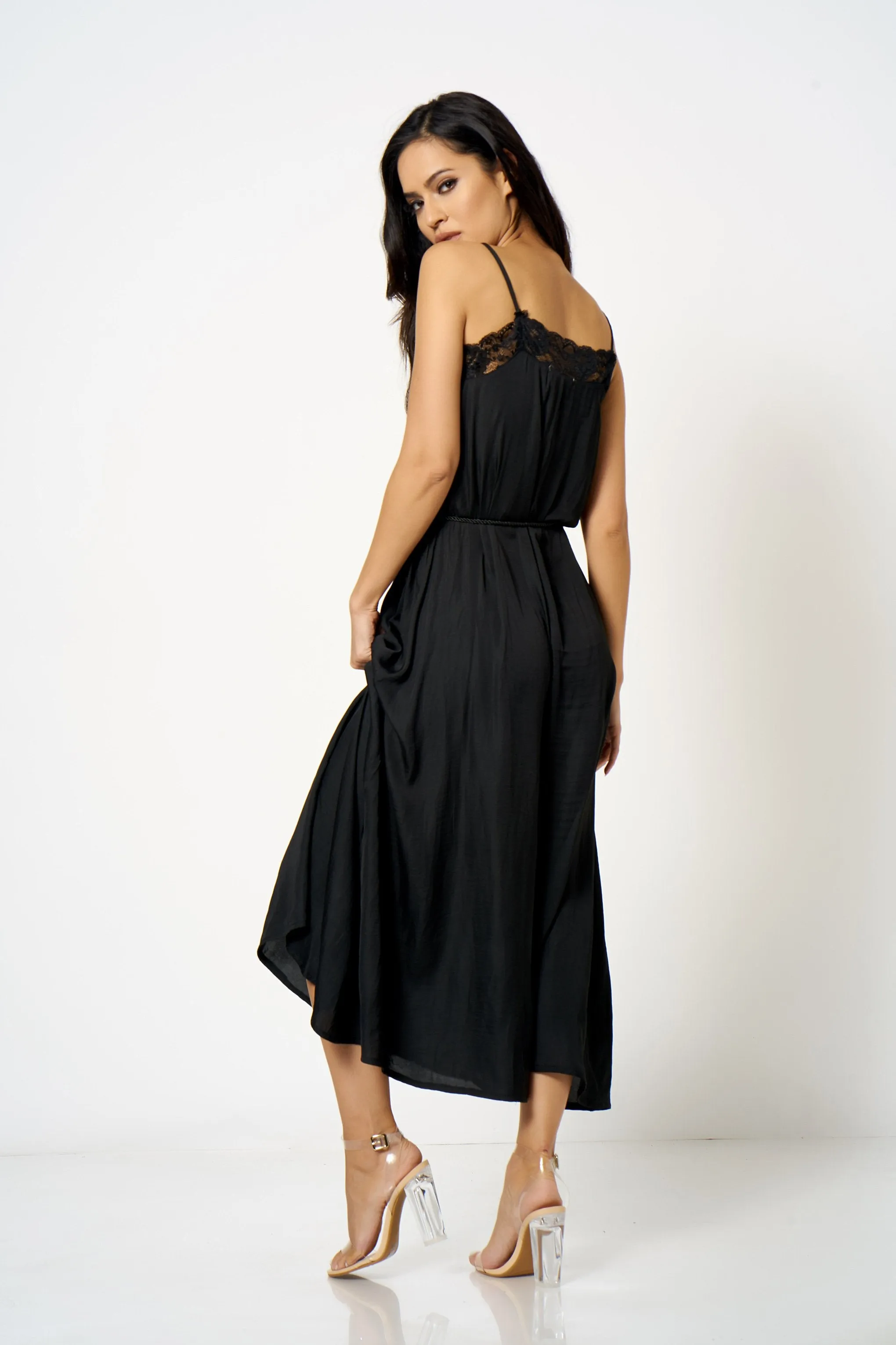 Black Lace Trim Cami Maxi Dress