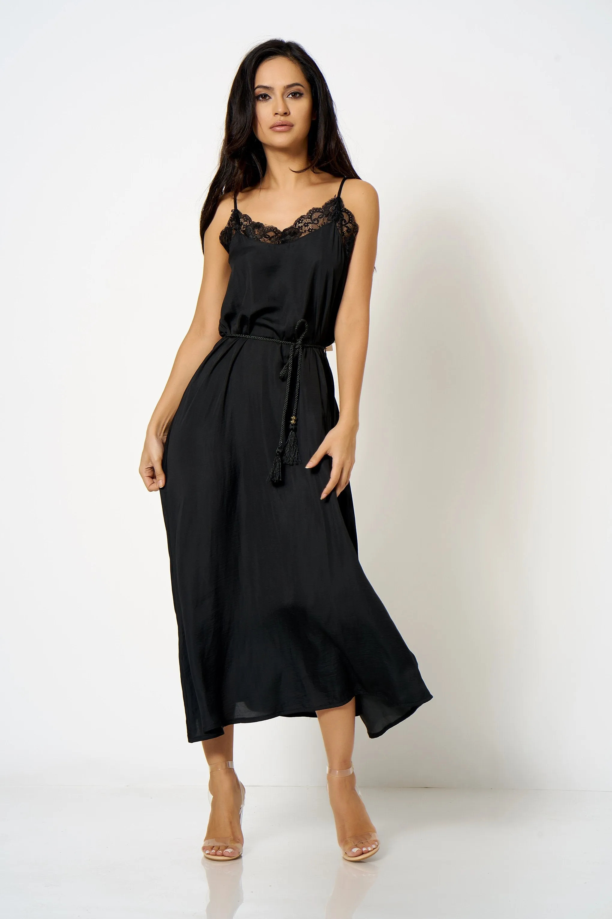 Black Lace Trim Cami Maxi Dress