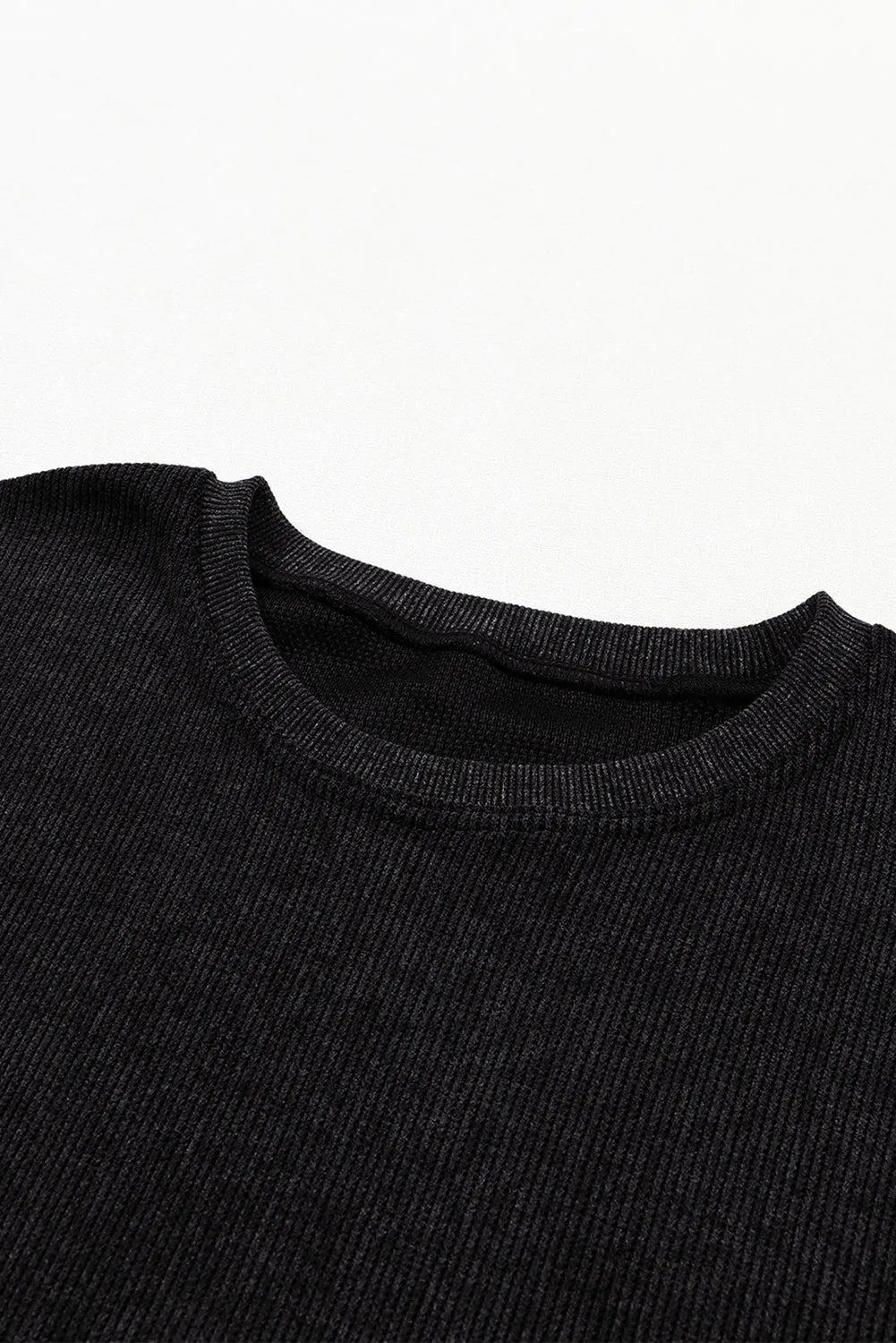 Black Solid Ribbed Knit Round Neck Pullover Sweatshirt