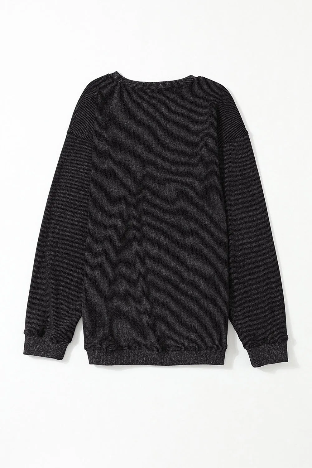 Black Solid Ribbed Knit Round Neck Pullover Sweatshirt