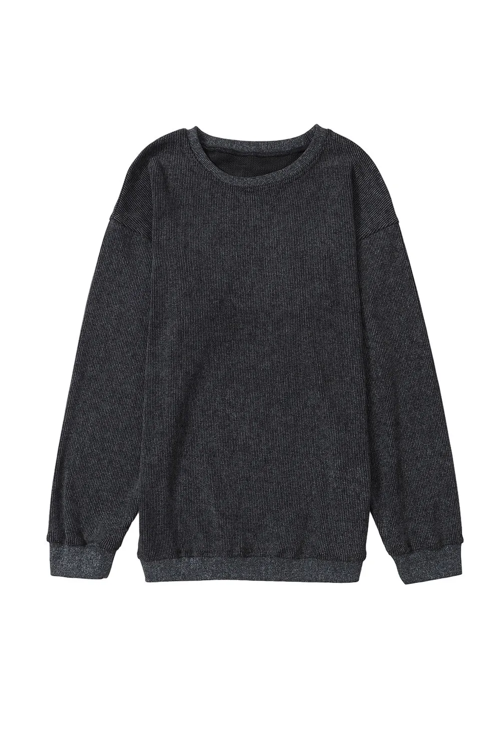 Black Solid Ribbed Knit Round Neck Pullover Sweatshirt