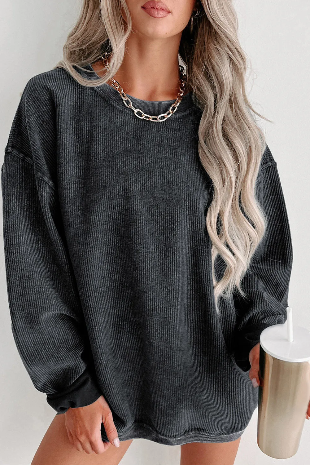 Black Solid Ribbed Knit Round Neck Pullover Sweatshirt