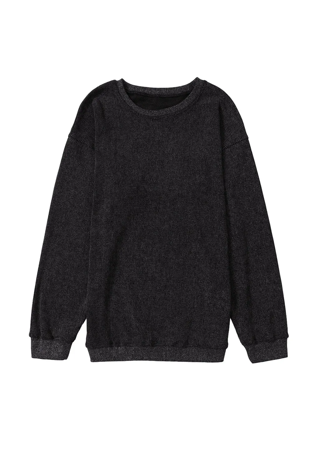 Black Solid Ribbed Knit Round Neck Pullover Sweatshirt