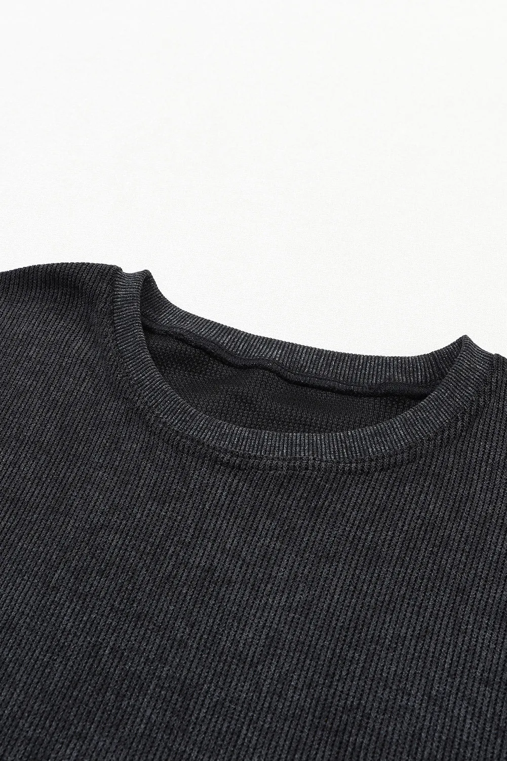 Black Solid Ribbed Knit Round Neck Pullover Sweatshirt