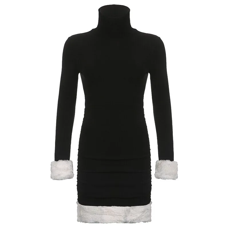 Black Warm Shaggy Turtleneck Ruched Dress